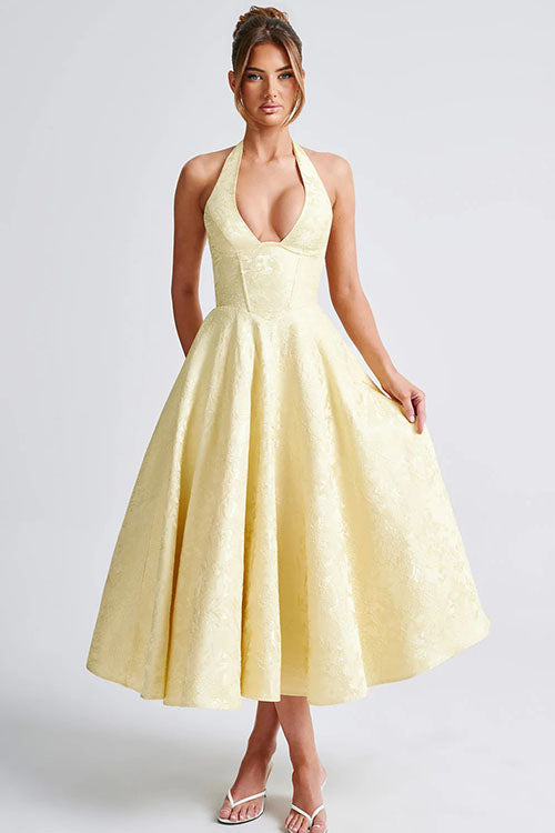 Halter neck floral corset midi dress, elegant choice for any special occasion.