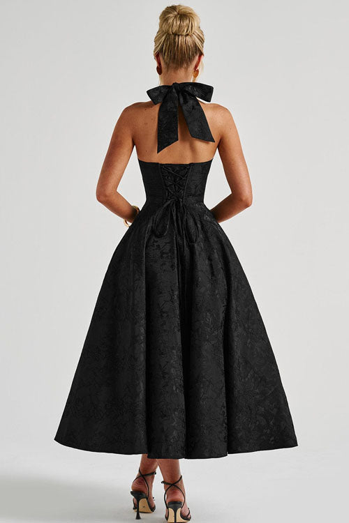 Pretty floral midi dress, A-line silhouette, perfect for romantic wedding guest attire.