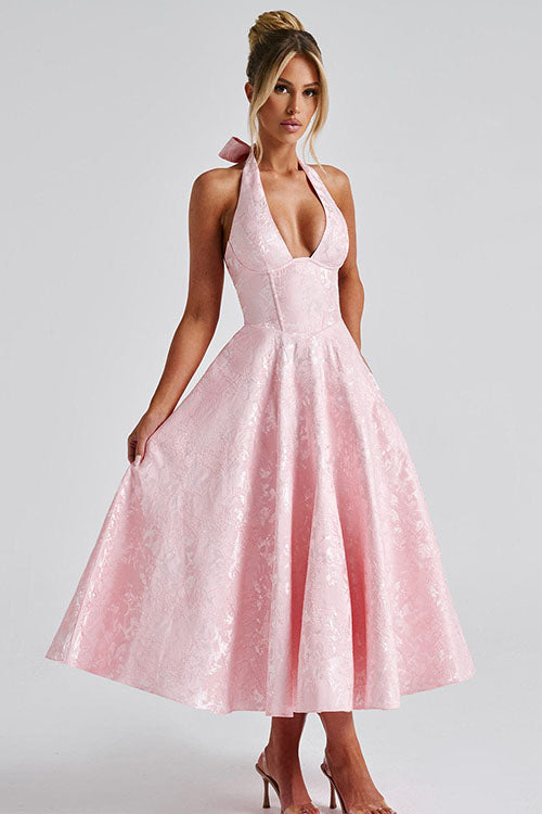 Elegant women's floral midi dress, ideal for summer weddings & evening parties.