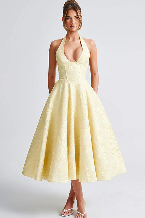 Romantic floral corset halter midi dress, a charming choice for special occasions.