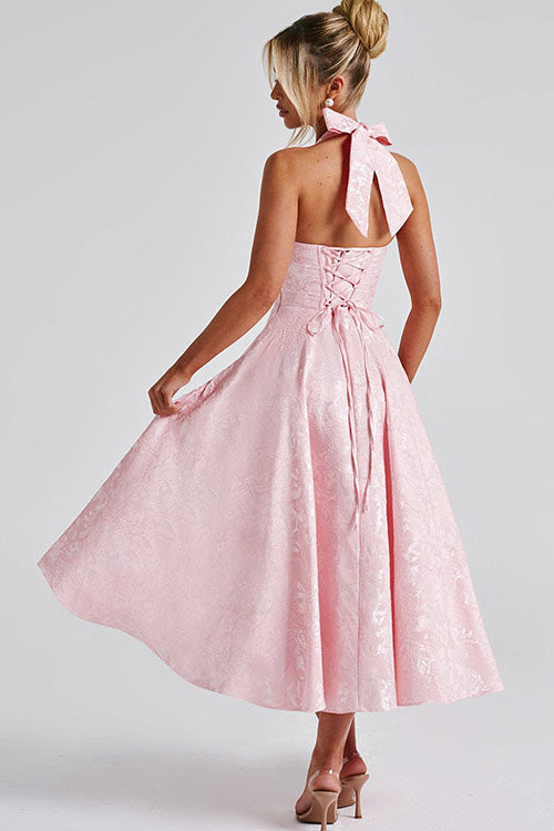 Women's formal floral midi dress, elegant A-line silhouette, ideal for special events.
