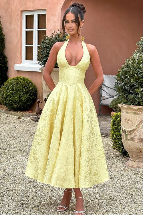 Pretty floral print midi wedding guest dress, halter neckline, comfortable wear.