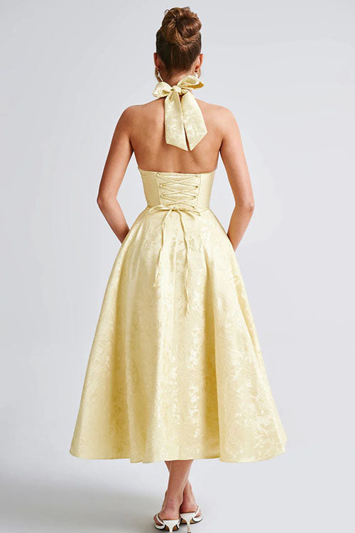 Women's elegant floral special occasion dress, corset halter midi style.