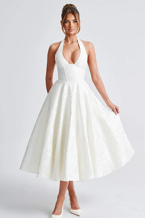 Romantic floral A-line midi dress, perfect for summer parties & formal gatherings.