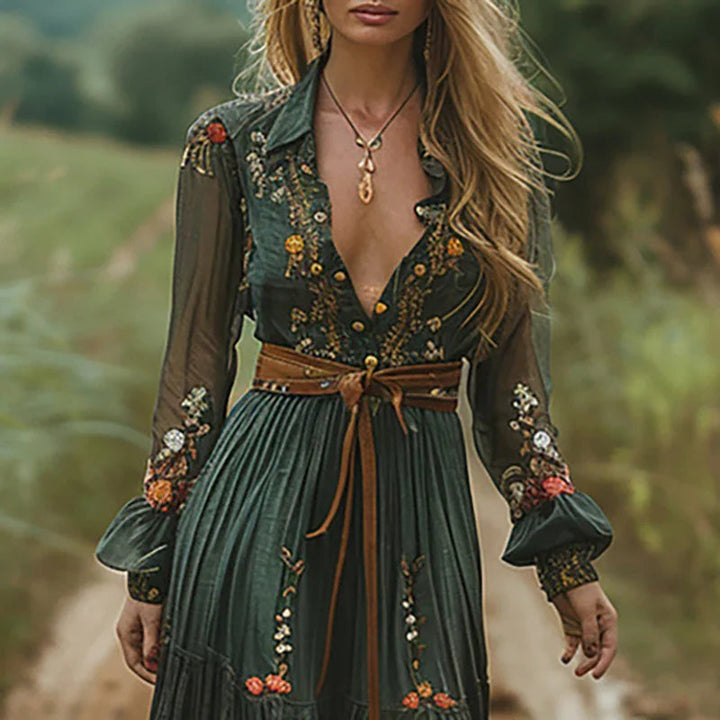 Flowy women's boho maxi dress with intricate floral embroidery, ideal for summer casual wear & beach trips.