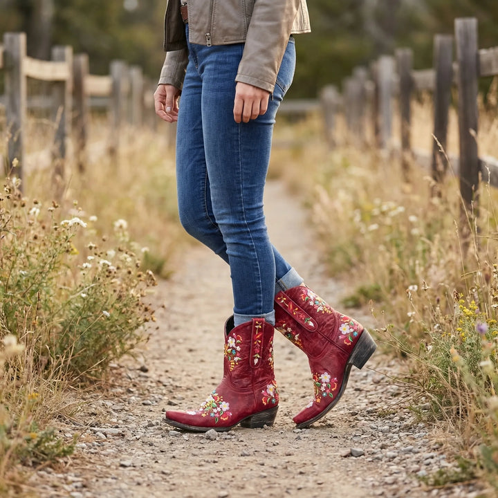 Women's floral embroidered western ankle boots with pointed toe & block heel, perfect for country chic style.