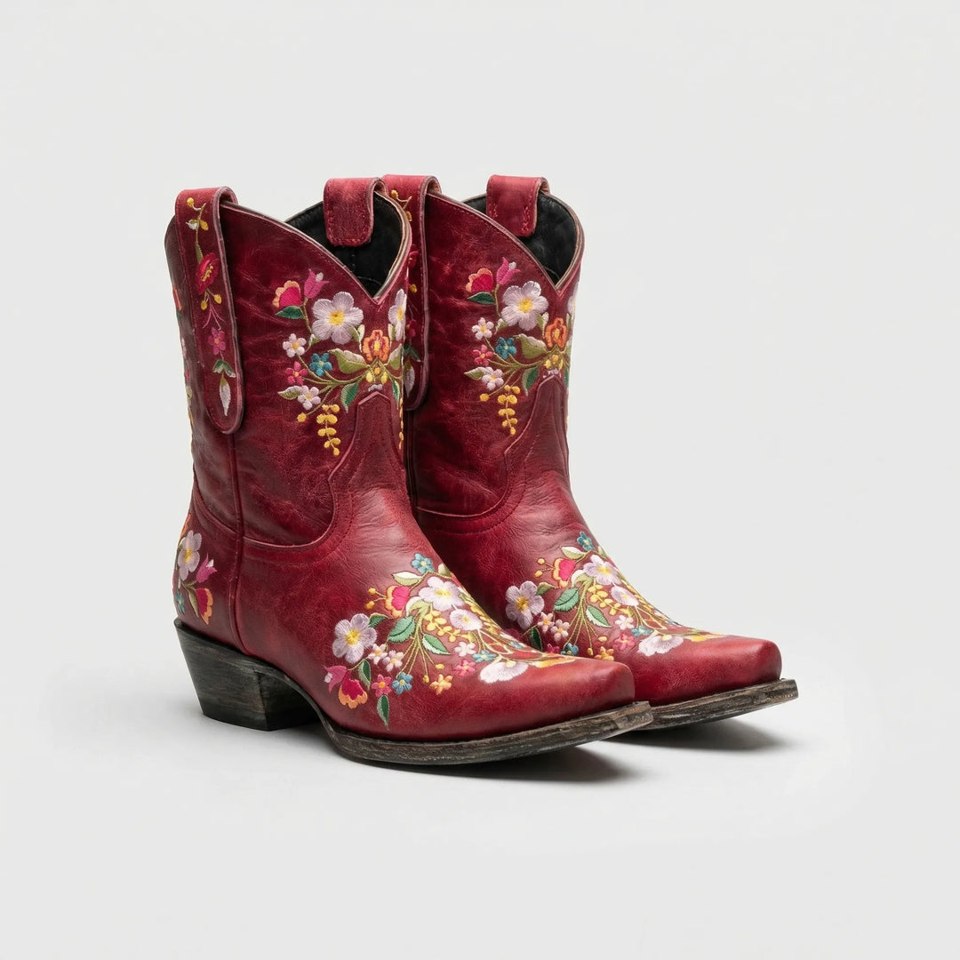 Comfortable women's western ankle boots with intricate floral embroidery, ideal for all-day wear & festival fashion.