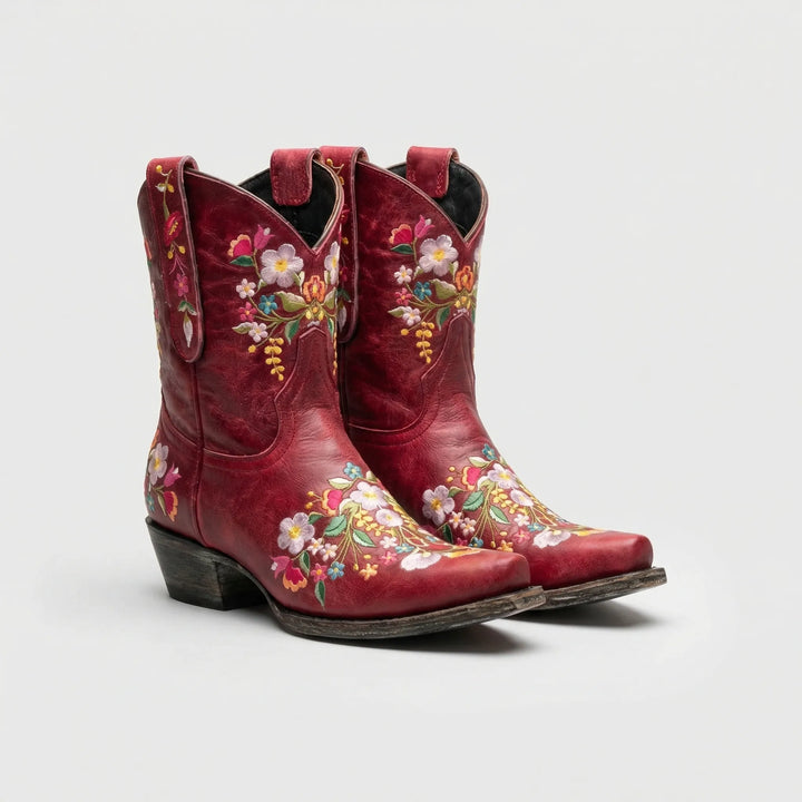 Comfortable women's western ankle boots with intricate floral embroidery, ideal for all-day wear & festival fashion.