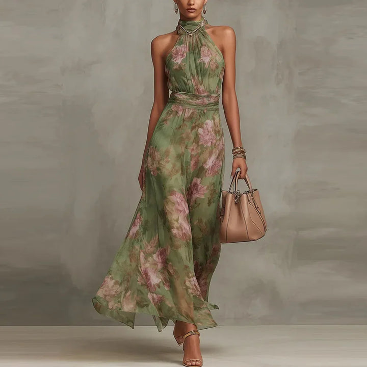 Women's floral halter neck maxi dress, elegant & flowy. Perfect for summer, beach, vacation, or resort wear.