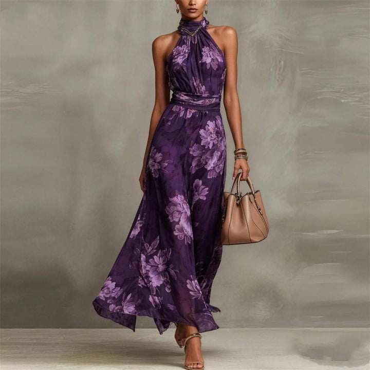 Effortless women's floral halter maxi dress, perfect for summer, beach, or elegant party wear. Flowy & comfortable.