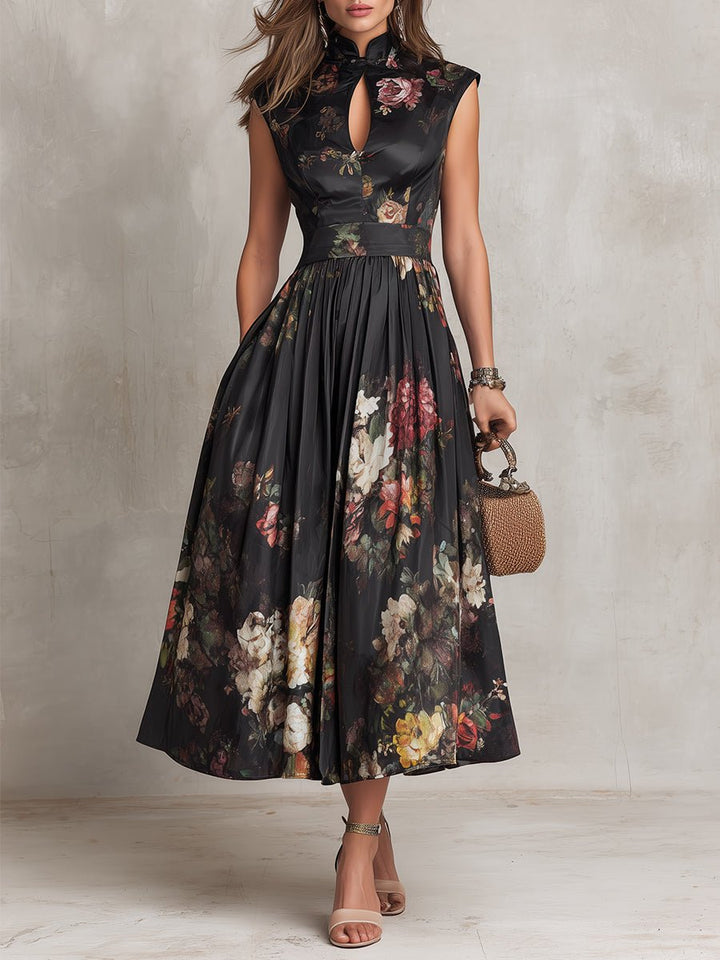 Women's floral keyhole A-line midi dress with mandarin collar, perfect for elegant occasions & wedding guests.