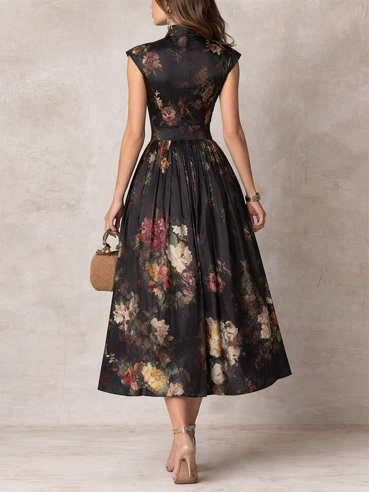 Elegant floral A-line midi dress for women, featuring a keyhole neckline. Ideal for cocktail parties & formal events.