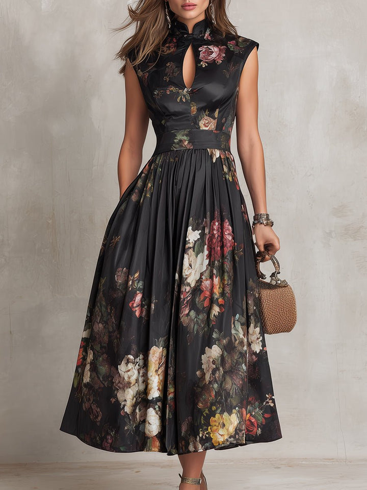 Beautiful floral print A-line midi dress for women, with a chic keyhole design. Great for special occasion parties.
