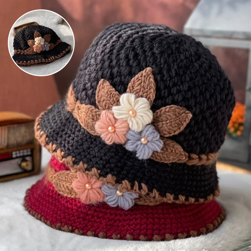Women's floral knit wool beanie hat, cozy winter accessory for women