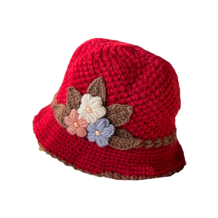 Back view of women's floral knit beanie, showcasing full design