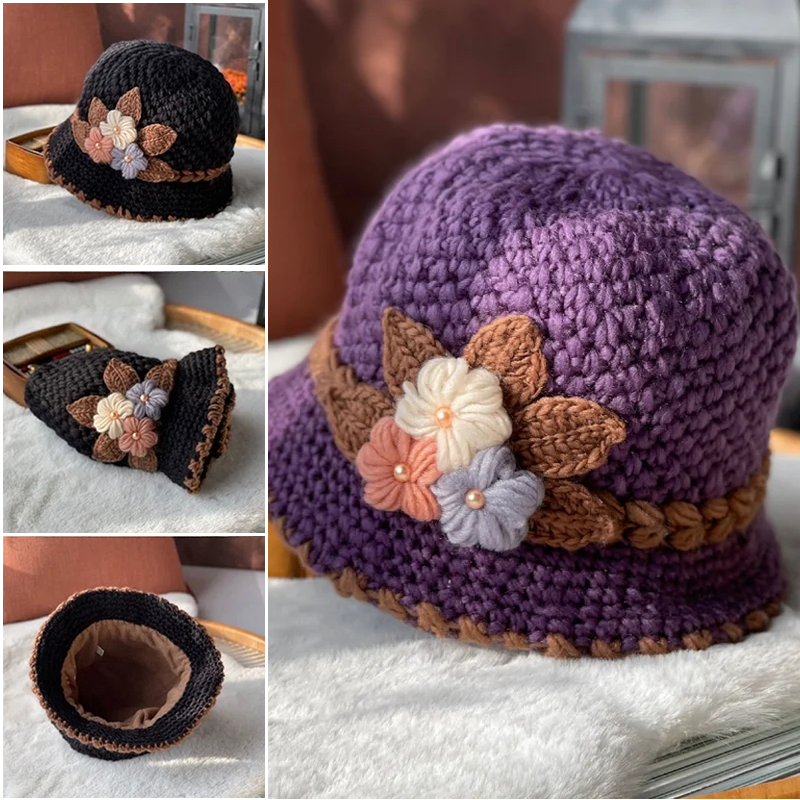 Close-up of floral knit pattern on women's wool beanie, fashion beanie