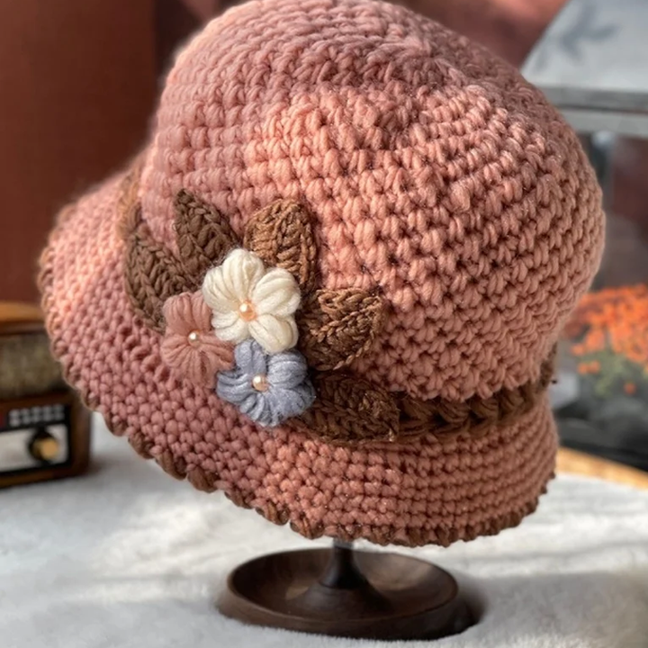 Stylish women's floral wool beanie hat, warm winter accessory