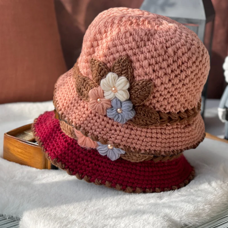 Warm women's knit beanie with elegant floral pattern, fashion wool hat