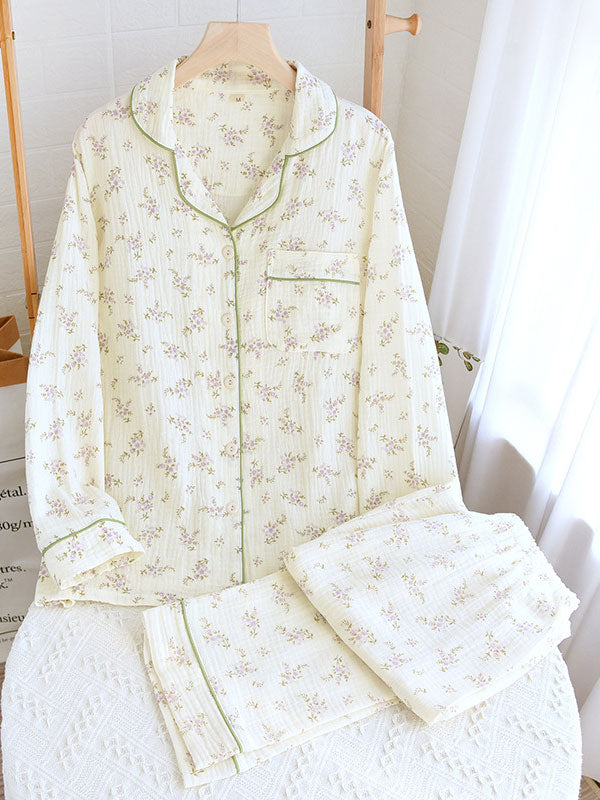 Close-up of a women's floral long sleeve pajama top, showcasing the detailed pattern and fabric
