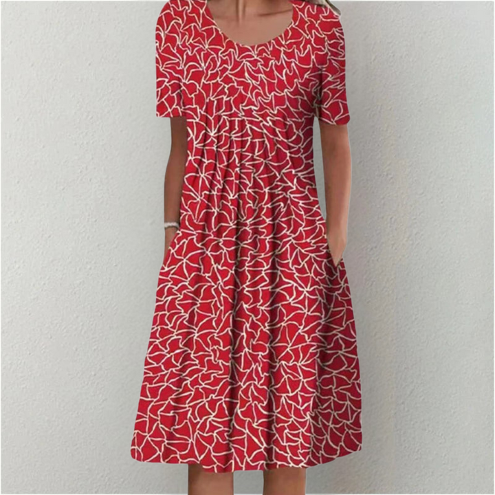 Flowy women's floral midi dress, short sleeve, round neck, comfortable and chic for spring and summer outings.