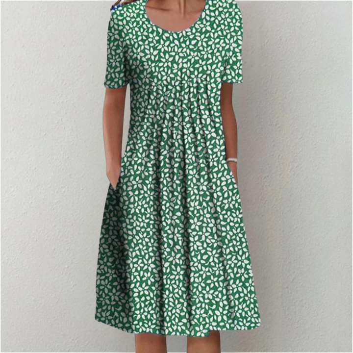 Stylish & comfortable women's floral midi dress, loose fit, short sleeve, perfect for summer casual everyday wear.