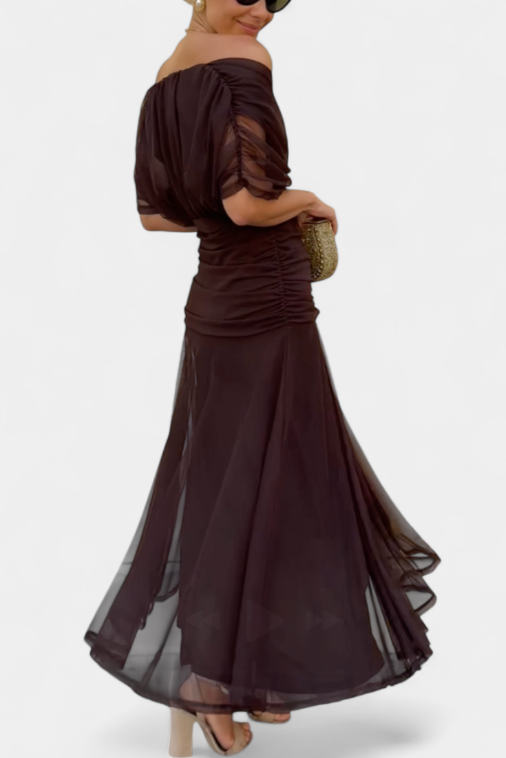 Ruched floral maxi dress, women's off-shoulder, elegant design for summer or party wear.