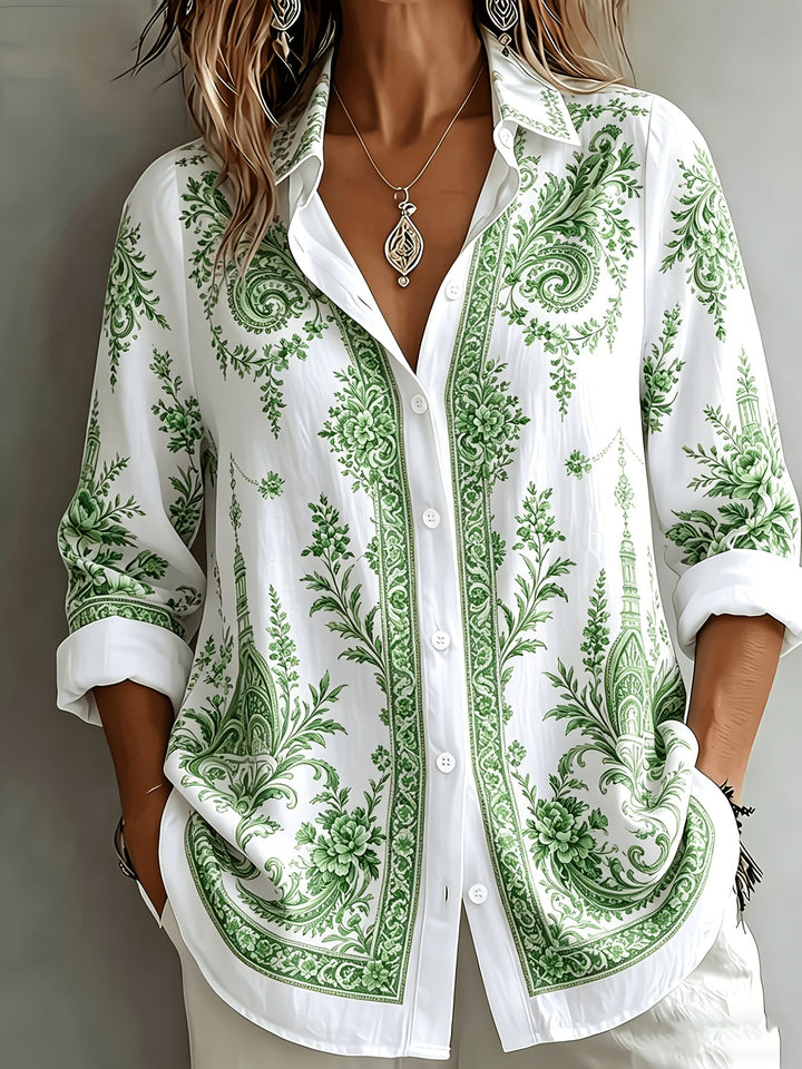 Women's floral paisley print long sleeve blouse, oversized, relaxed fit, button-down.