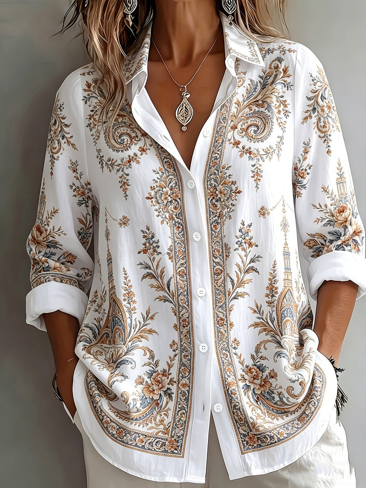 Chic women's long sleeve shirt with a unique floral paisley print, perfect casual wear.