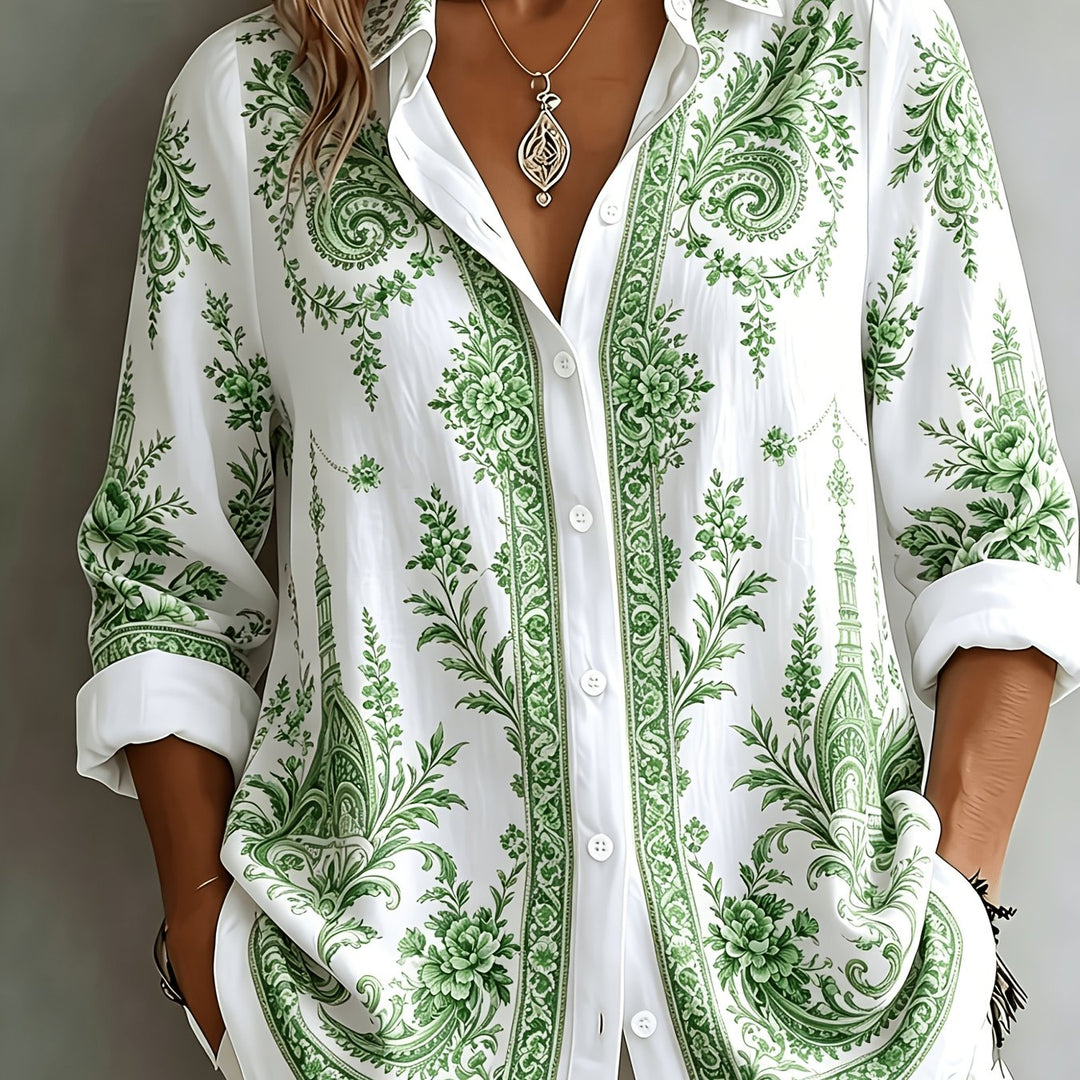 Women's floral and paisley print long sleeve top, versatile for casual outings.