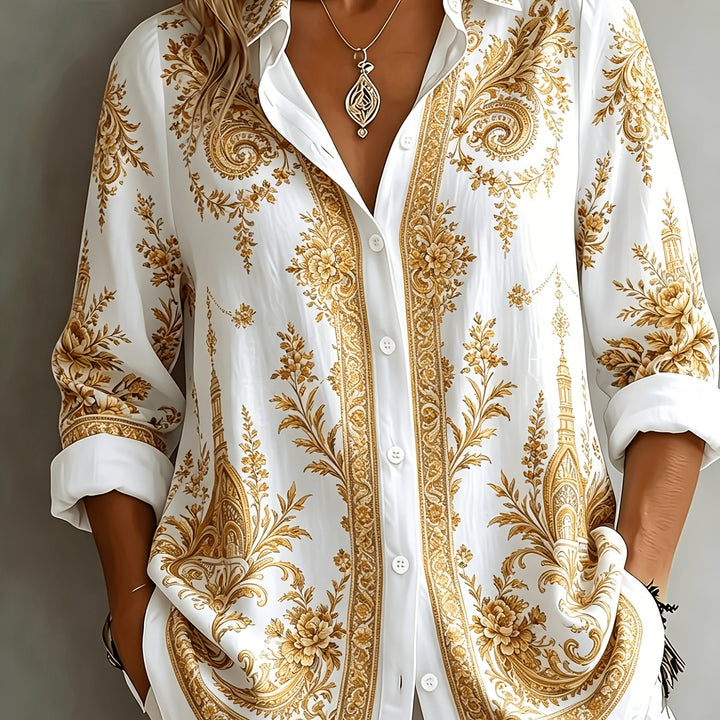 Boho women's floral paisley print long sleeve top, comfortable and casually elegant.