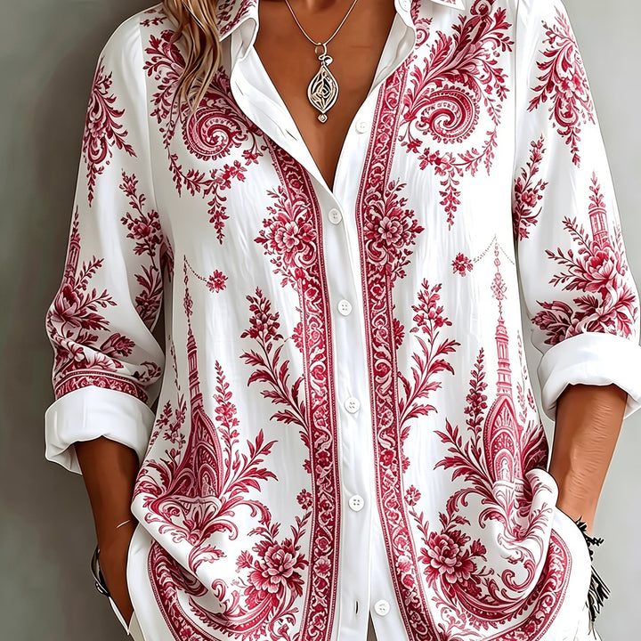 Women's summer floral paisley long sleeve top, relaxed fit, easy to style for any day.