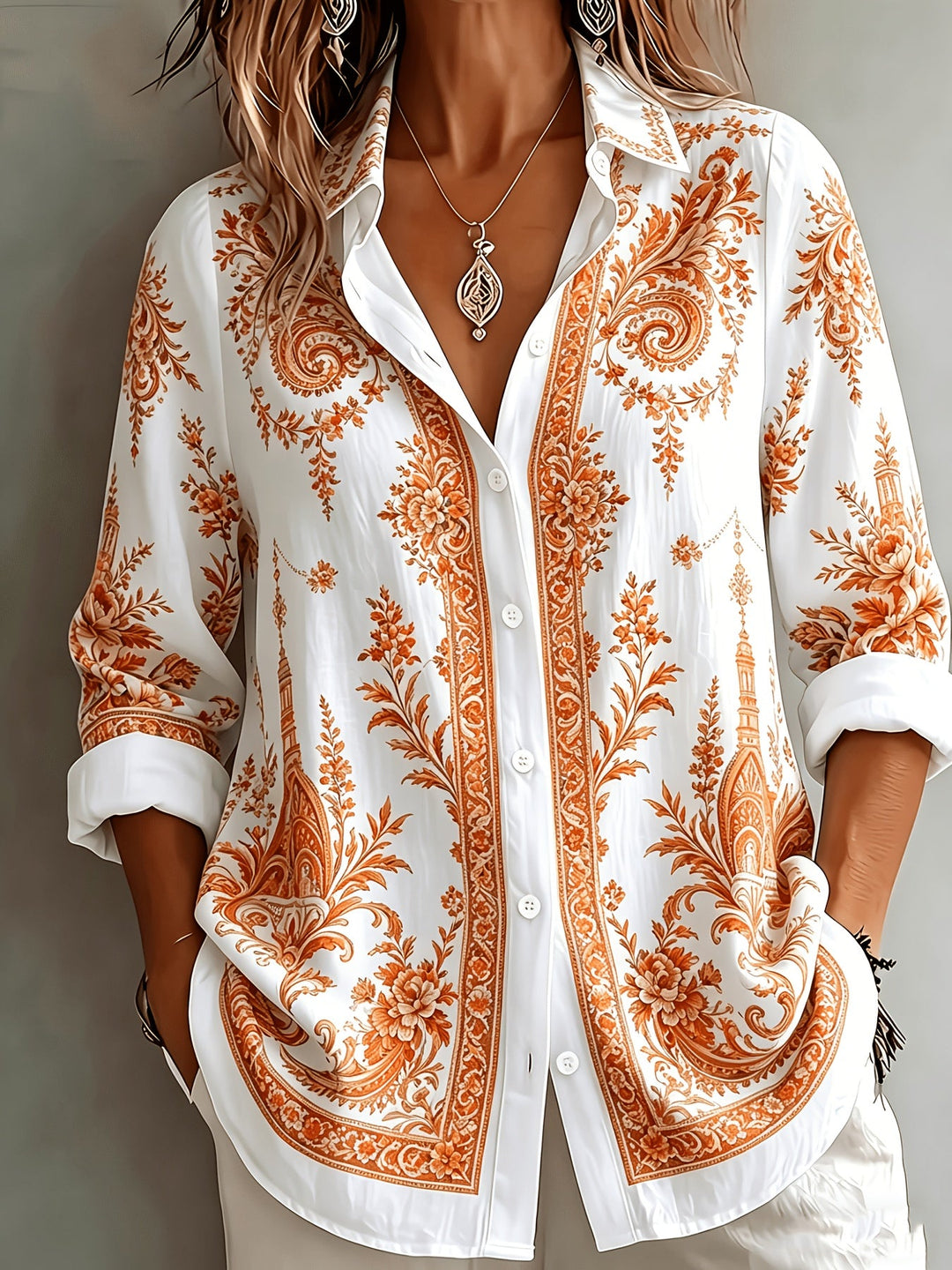 Boho chic women's floral paisley print long sleeve top, perfect for summer fashion.