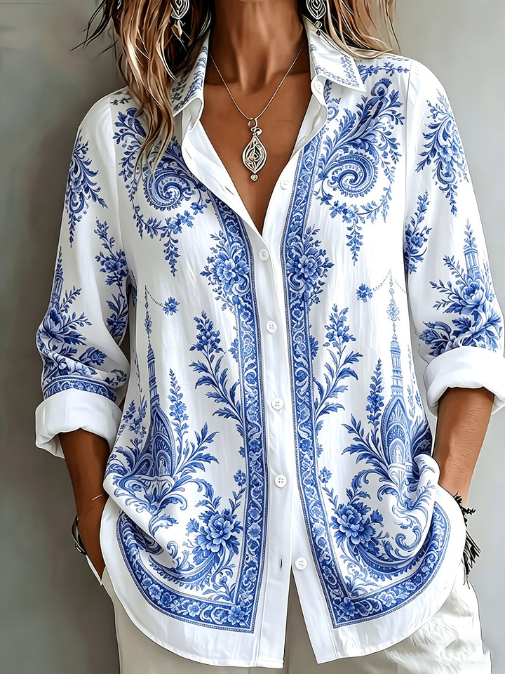 Women's versatile long-sleeved blouse, floral paisley pattern, ideal for everyday wear.