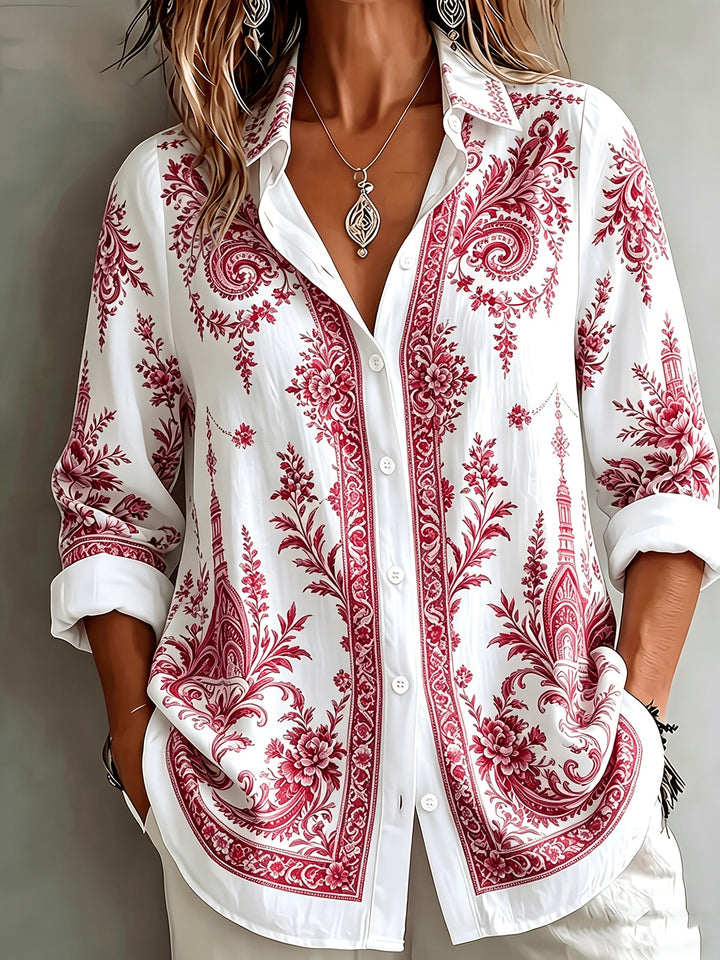 Summer fashion women's floral paisley print long sleeve top, a boho chic style.