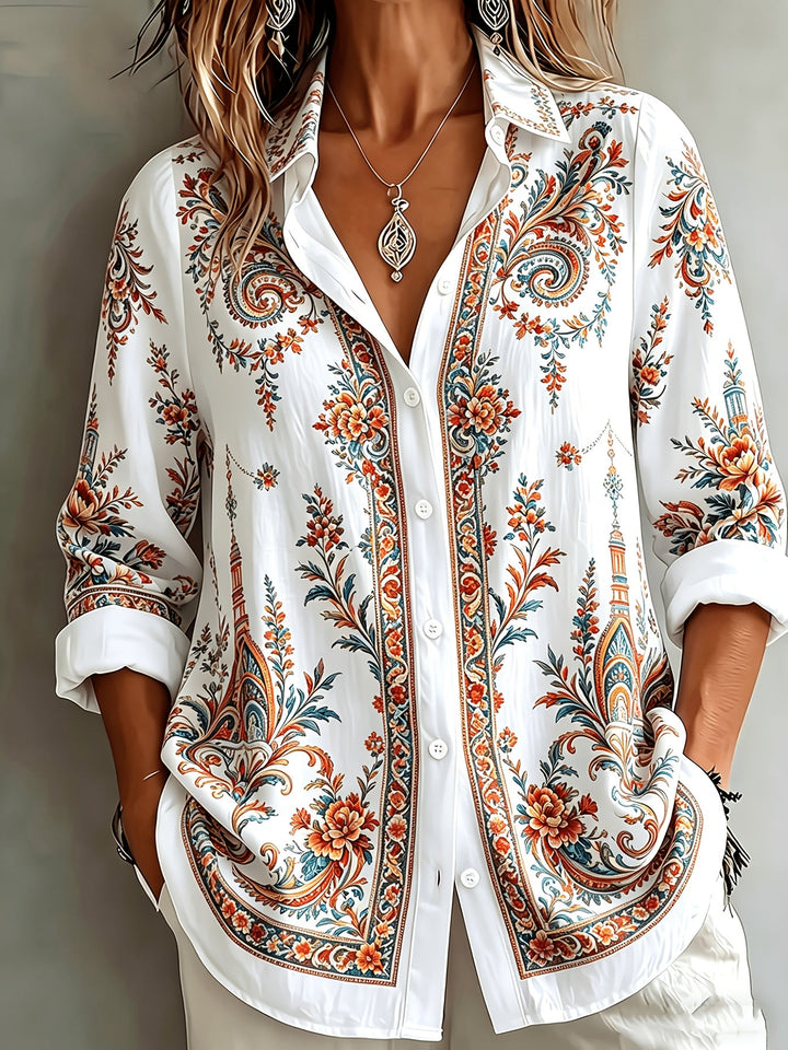 Elegant women's floral paisley long sleeve blouse, oversized for ultimate comfort.
