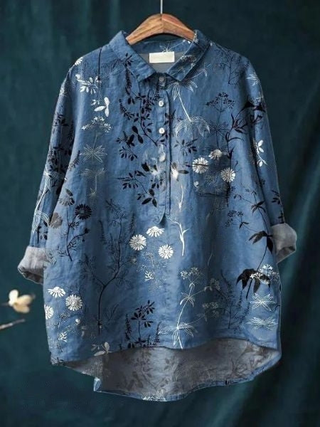 Chic women's floral button-up shirt. Versatile long sleeve blouse for casual or dressy style.