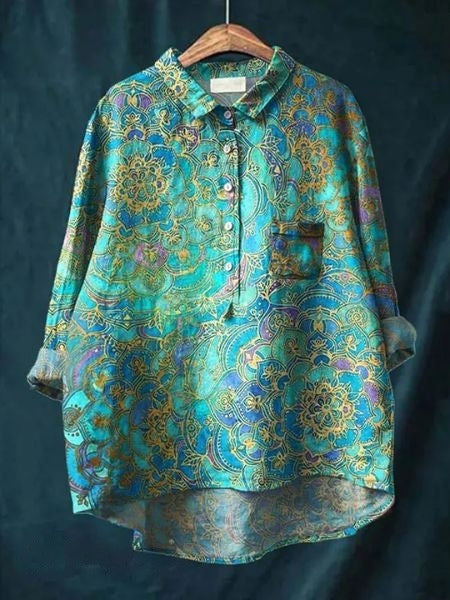 Stylish women's floral print button-up shirt. Casual long sleeve blouse for everyday fashion.