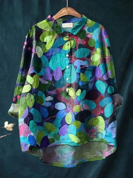 Vibrant floral button-up blouse, women's long sleeve top. Dressy or casual everyday wear.