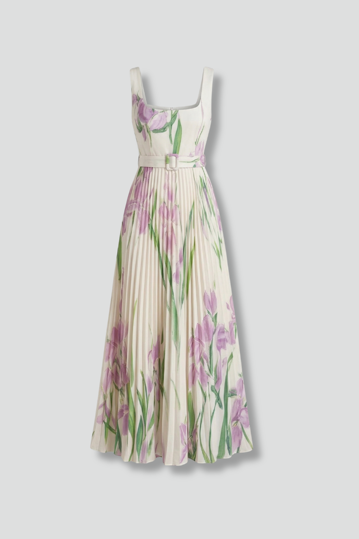 Women's floral print maxi dress featuring a chic square neck and elegant pleated skirt.