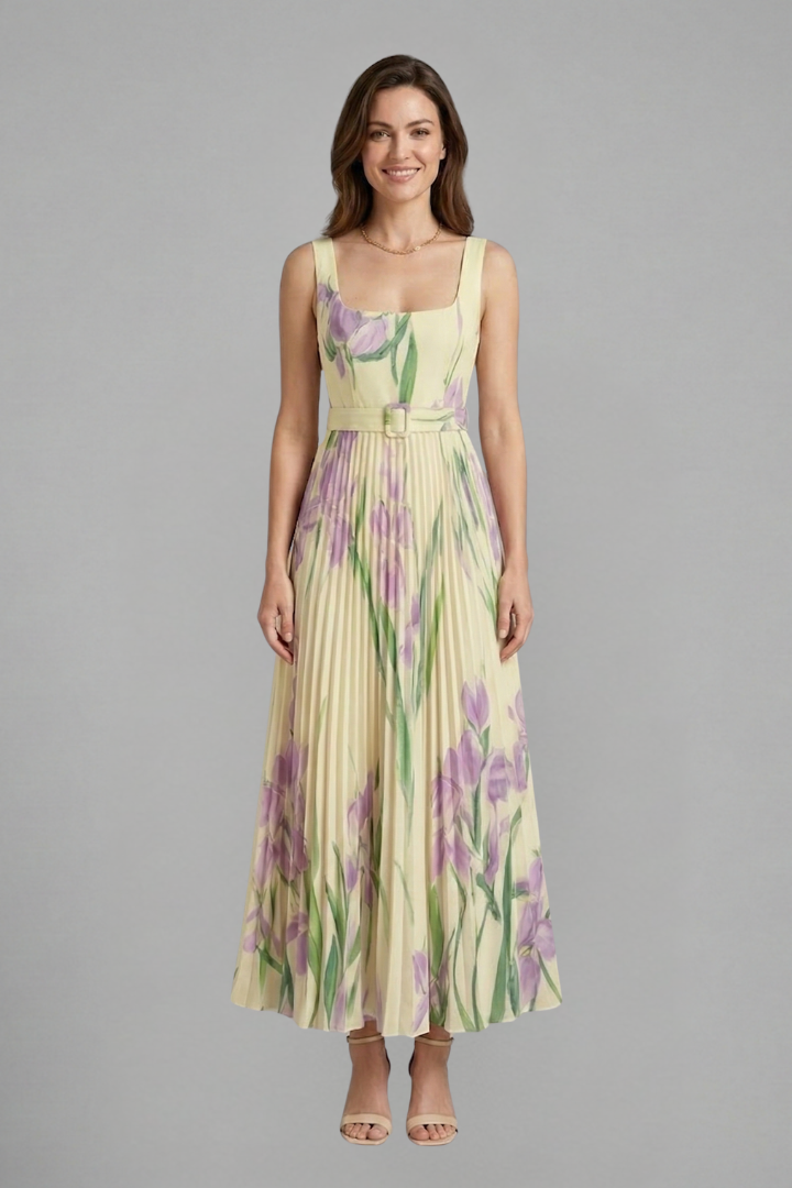 Vacation-ready women's maxi dress with square neck & pleated floral skirt, ideal for elegant summer occasions.