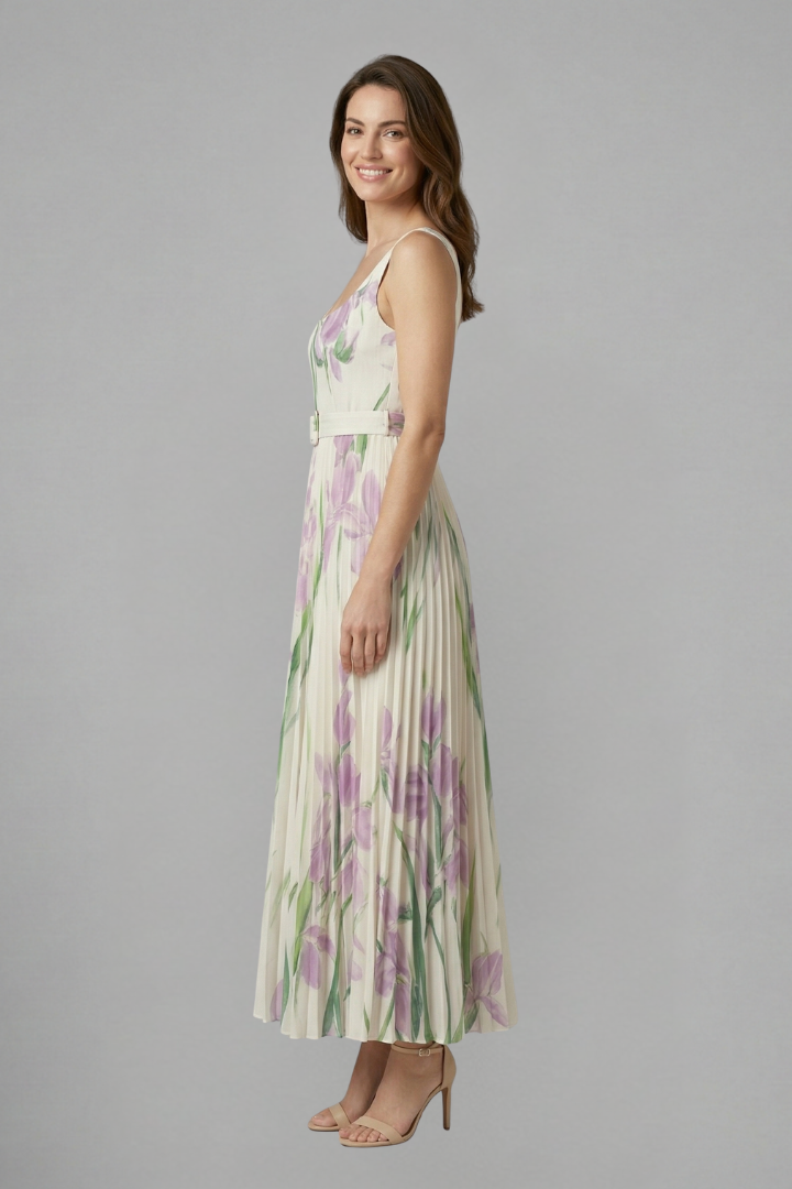 Party-perfect women's maxi dress: elegant square neck, sleeveless, and a graceful pleated floral skirt.