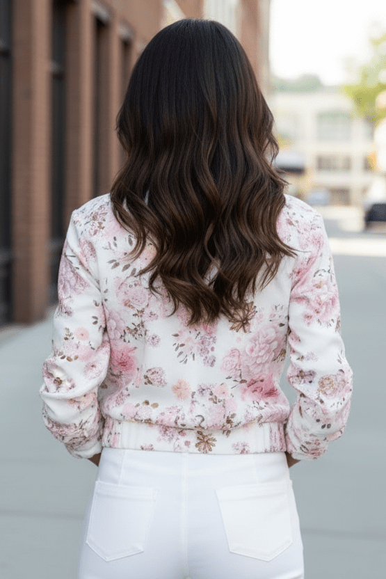 Slim fit women's floral stretch jacket, comfortable outerwear for active style and daily fashion.