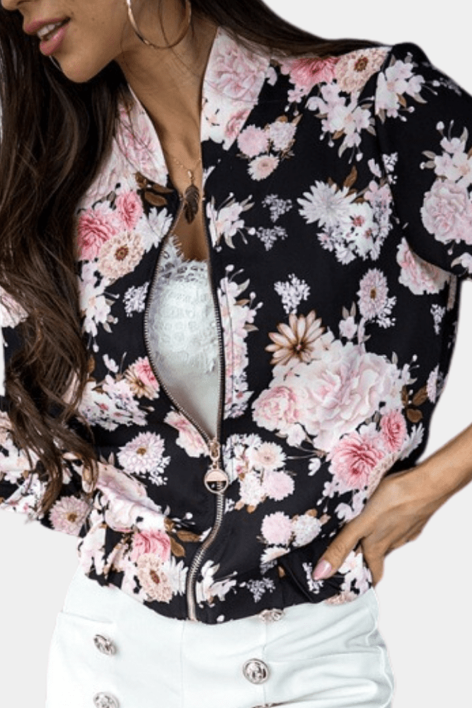 Comfortable women's floral stretch jacket for active style. A sporty, slim fit outerwear for travel & everyday.