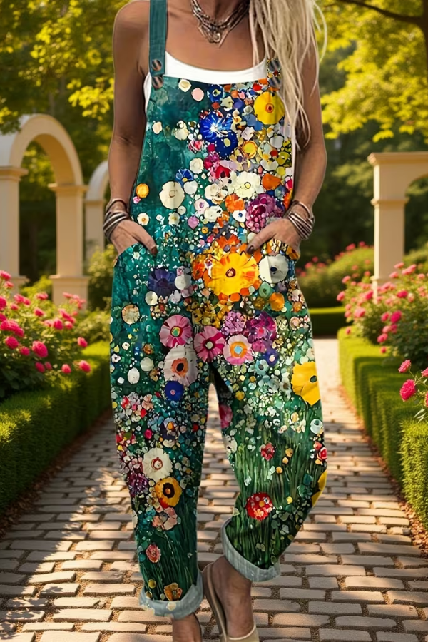 Women's floral print suspender jumpsuit. Casual, relaxed fit for summer fashion & vacation wear. Comfortable spring outfit.