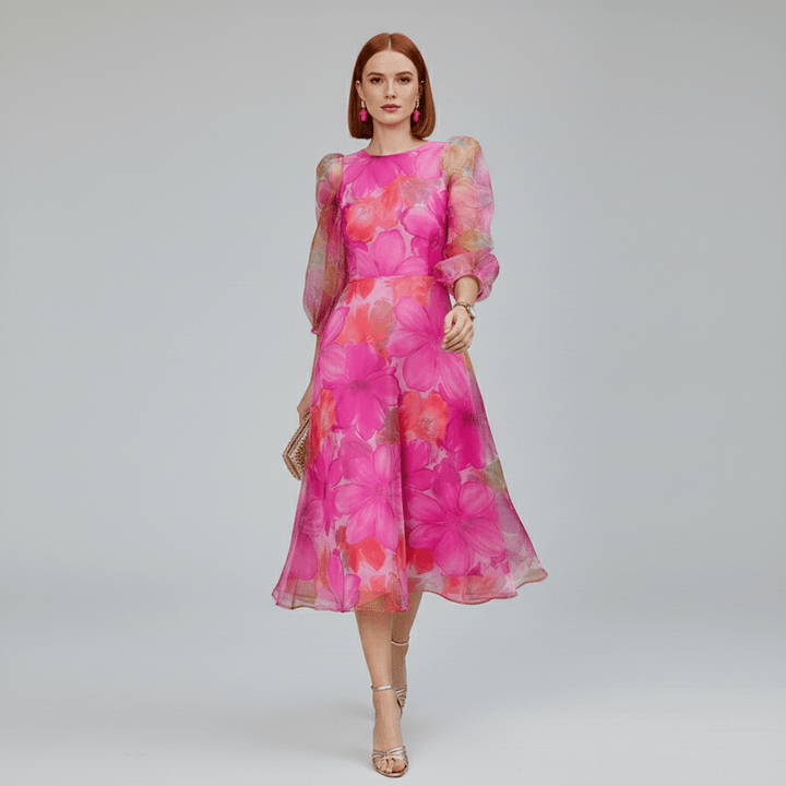 Elegant women's floral midi dress with puff sleeves & A-line silhouette. Perfect for weddings & summer parties.