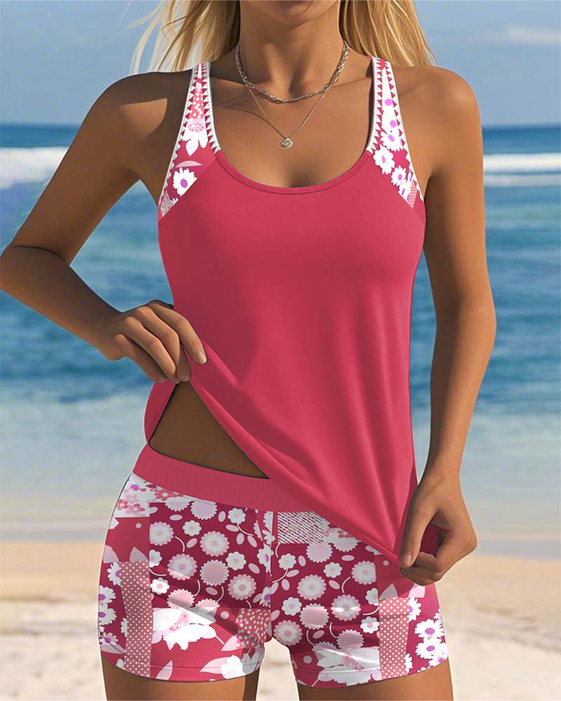 Women's floral racerback tankini swimsuit set with boyshorts, perfect for modest beachwear.