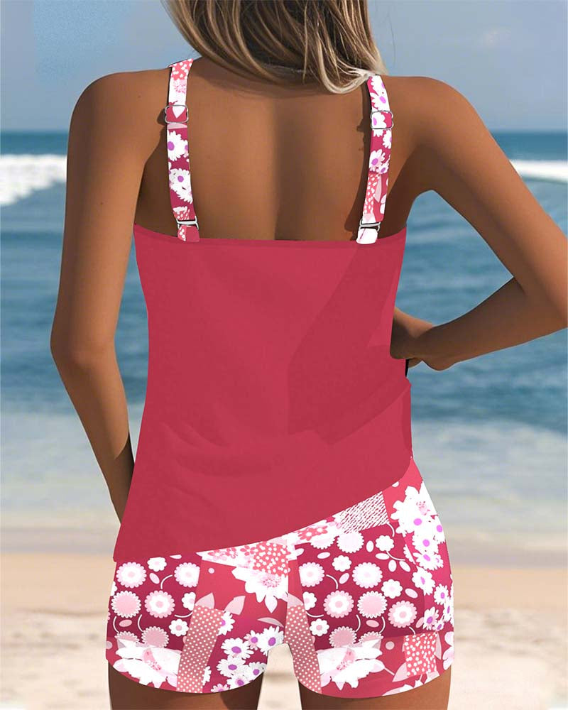 Stylish women's two-piece floral print tankini with racerback top and comfortable boyshorts.