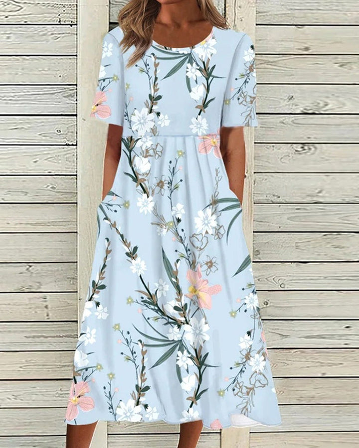 Women's floral short sleeve midi dress, perfect for summer casual outings, brunch, or spring vacations. Effortlessly stylish.