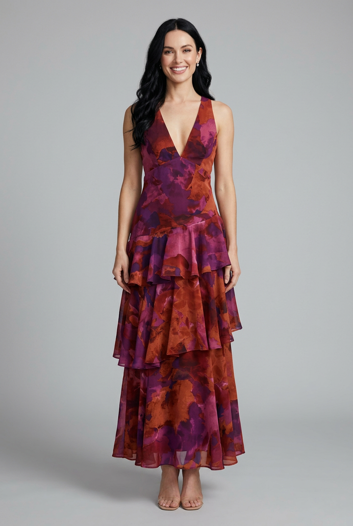 Women's floral tiered maxi summer dress with effortless v-neck style, perfect for warm weather fashion.