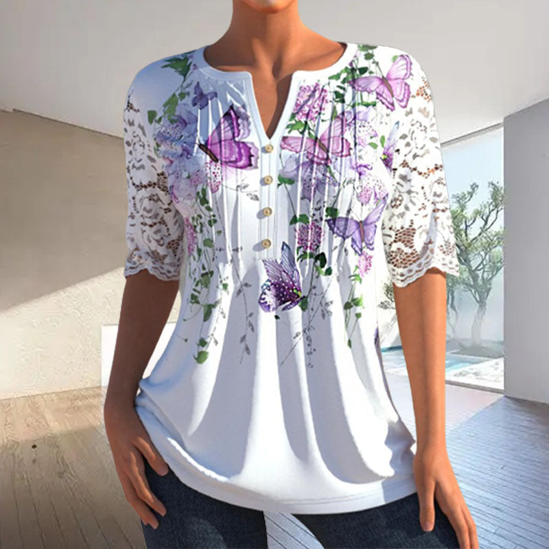 Women's floral V-neck button-down blouse with half sleeves, perfect for casual summer fashion